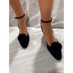 Ivanka Trump Black Suede w/Ankle Strap Size 7-1/2 w/Faux Fir Toe Puff